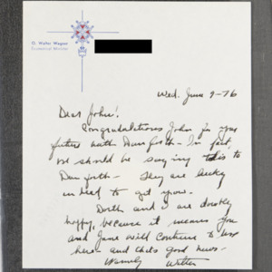 Letter from O. Walter Wagner to John Ervin
