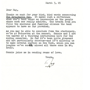 Typed letter, signed from Donald Finkel to May Swenson, January 15, 1981