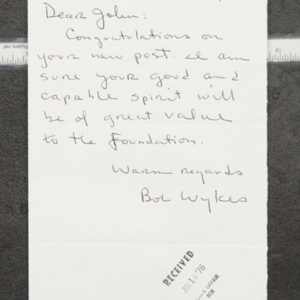 Letter from Bob Wykes to John Ervin