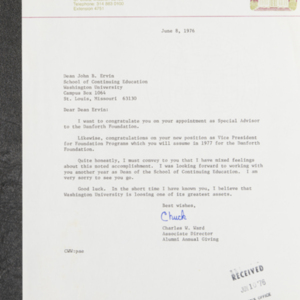 Letter from Charles W. Ward to Dean John B. Ervin