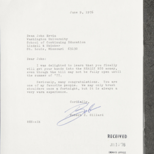 Letter from Robert E. Hillard to Dean John Ervin