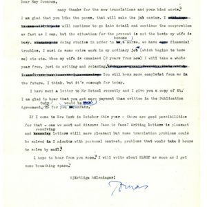 Typed letter, signed from Tomas Transtromer to May Swenson, April 2, 1971