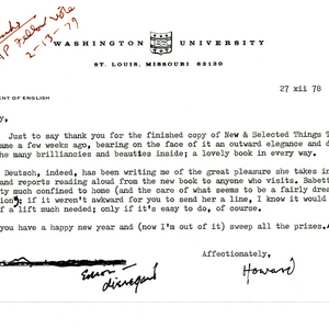 Typed letter, signed from Howard Nemerov to May Swenson, December 27, 1978