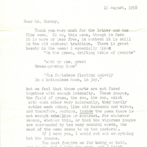 Typed letter, signed from Robert Bly to James Dickey, August 15, 1958