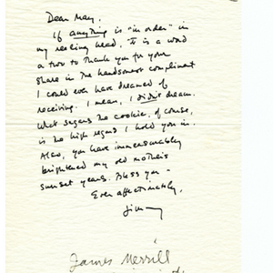 Autograph letter, signed from James Merrill to May Swenson, January 8, 1973