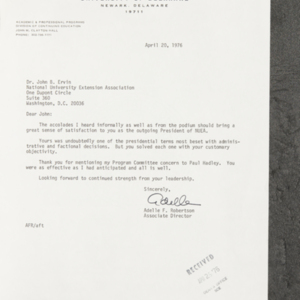Letter from Adelle F. Robertson to Dr. John B. Ervin